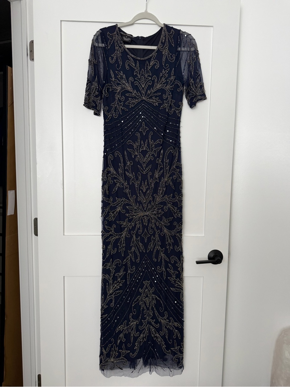 Pisarro Nights Navy Maxi Dress with Gold Bead Embroidery